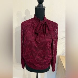 Chicos NWT size 1- Elegant Lace Bow Tie Blouse - Burgundy